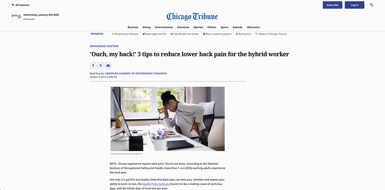 Chicago Tribune sponsor content mockup featuring the AAOS placement
