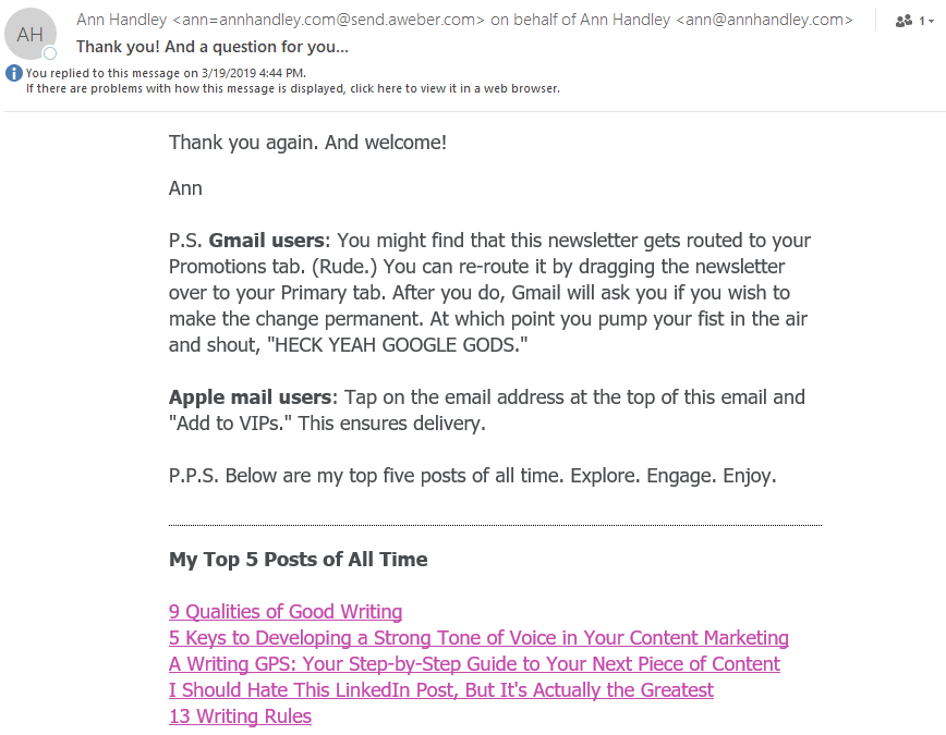 Example of using past content in email newsletters