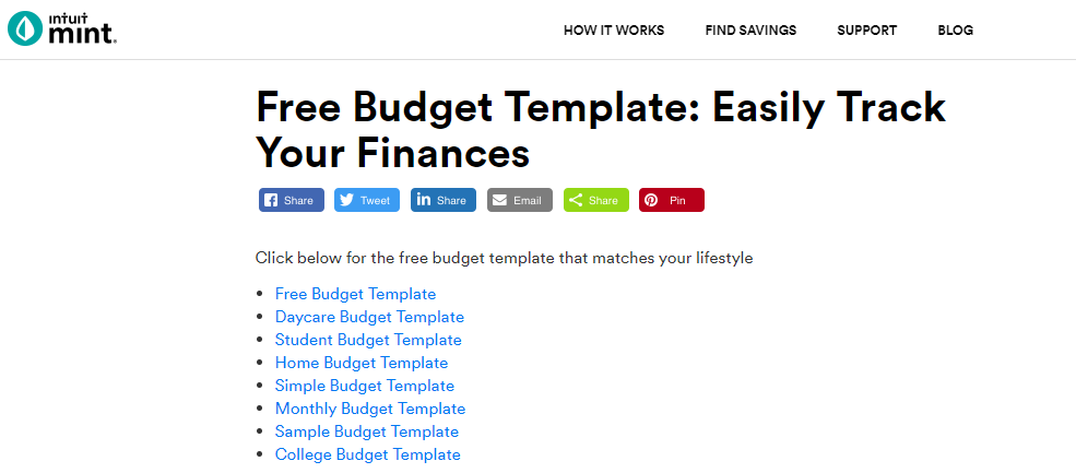 Budget templates from Mint